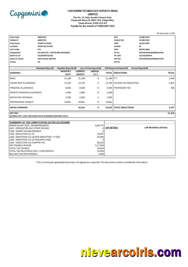Capgemini Technology Services India payslip